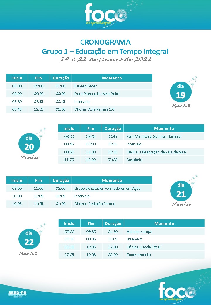 Cronograma 'Foco na Aprendizagem' - Educação em Tempo Integral