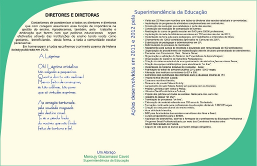 Cartão da superintendente da educação Meroujy Cavet para o Dia do Diretor