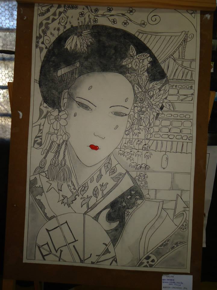 Arte produzida por alunos sobre o tema cultura japonesa, sob orientação da professora de Arte Luciana A. Tejada.
