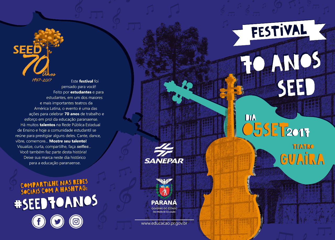 Estudantes da rede pública estadual de ensino e unidades conveniadas mostram seus talentos na dança, música e artes durante comemoração marcada para o dia 5 de setembro, no Teatro Guaíra, em Curitiba. A iniciativa faz parte da programação dos 70 anos da Secretaria de Estado da Educação e tem como objetivo valorizar e divulgar os talentos dos jovens alunos da rede paranaense.
