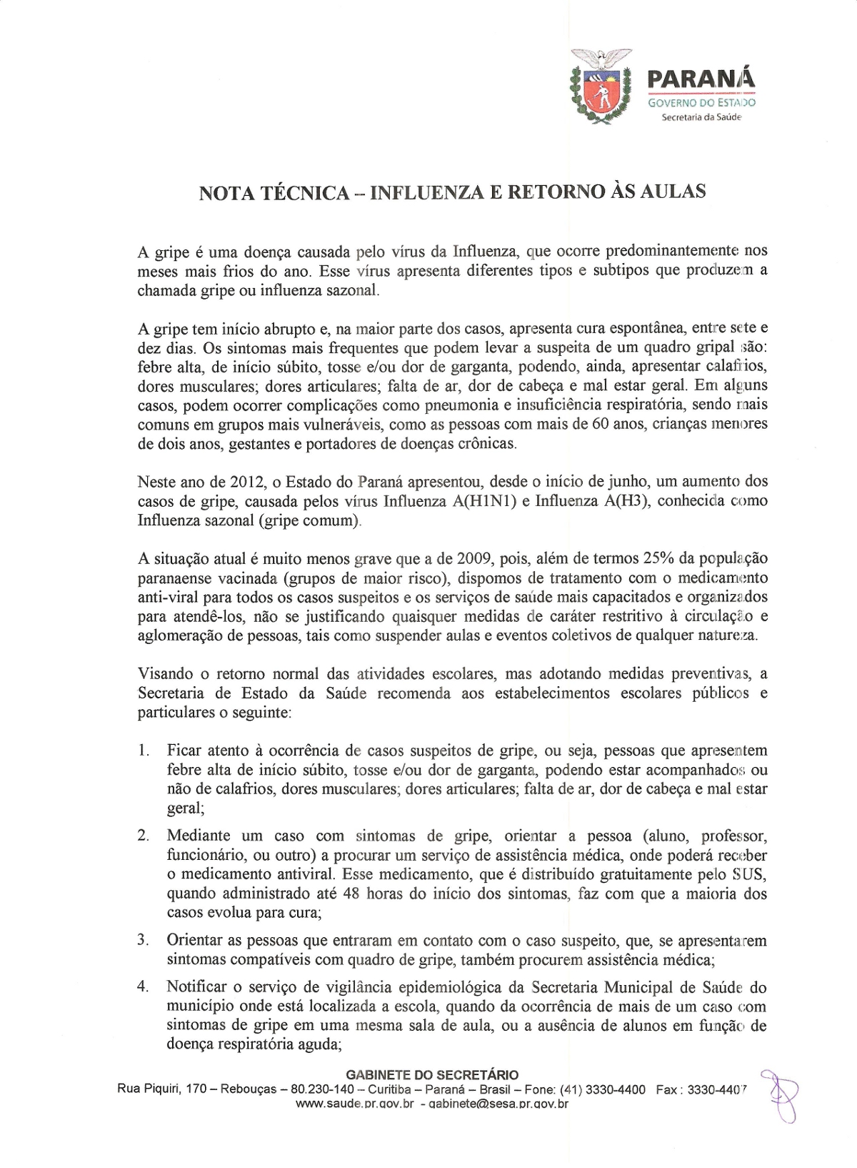 Ofício sobre prevenção às doenças infectocontagiosas