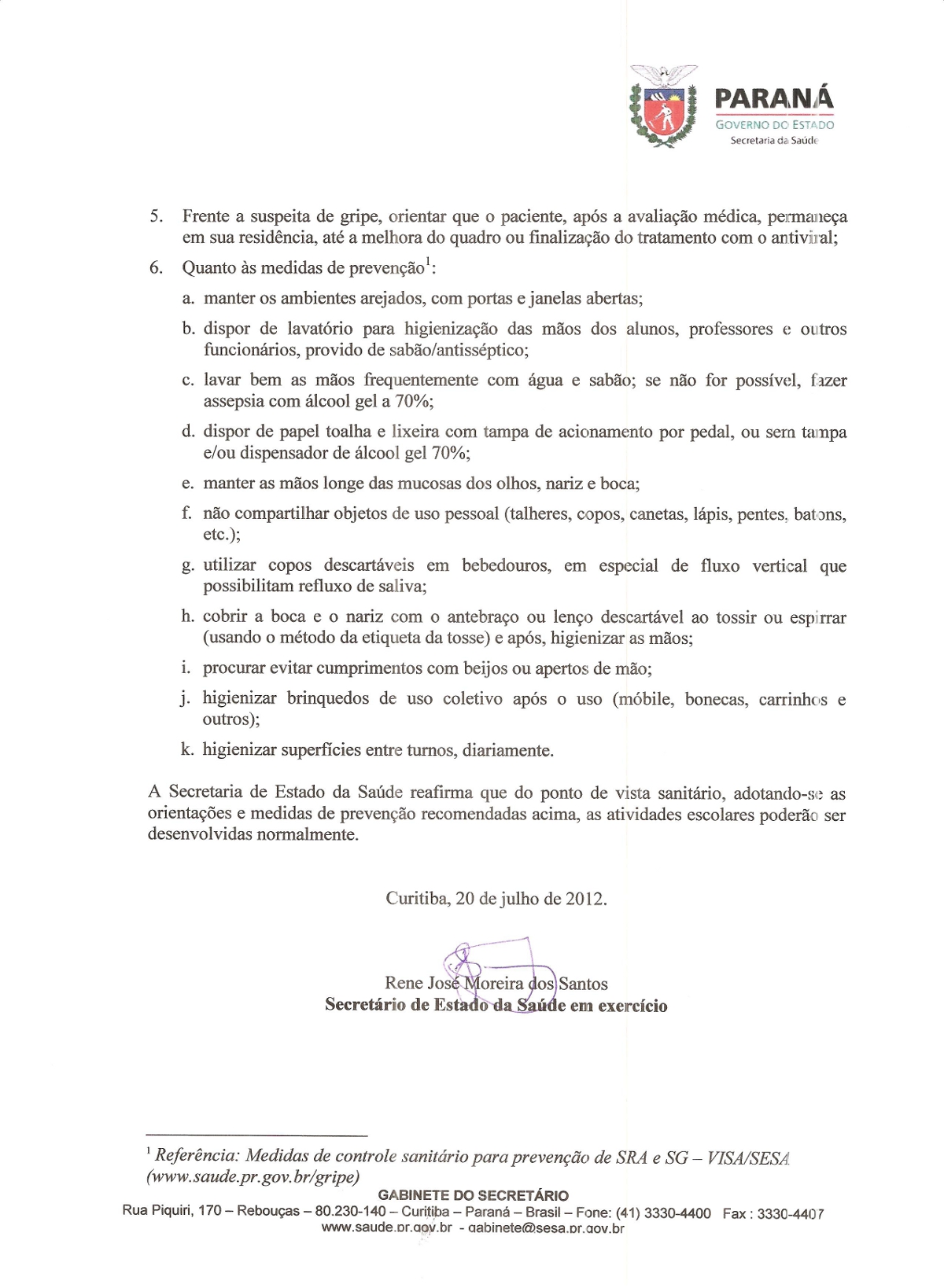 Ofício sobre prevenção às doenças infectocontagiosas