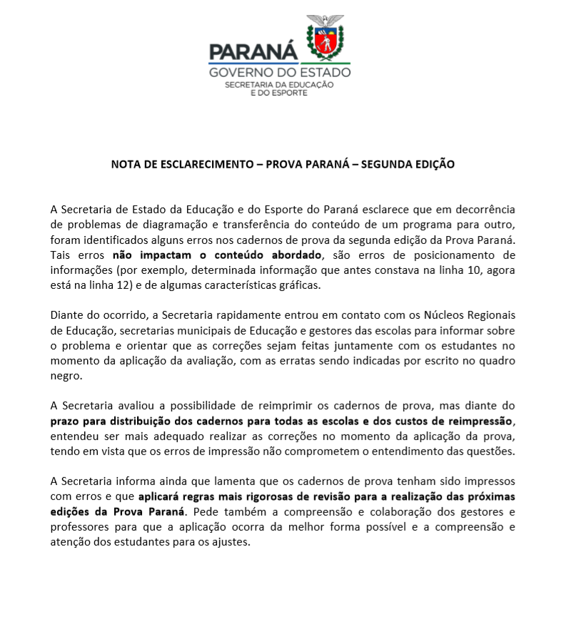 Nota de Esclarecimento - Prova Paraná