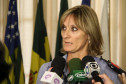 Superintendente da educação Meroujy Cavet em coletiva sobre o Sistema de Avaliação da Educação Básica do Paraná, no salão nobre do Colégio Estadual do Paraná.