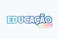 Retângulo azul claro com as palavras Educação + Cultura