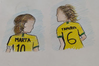 Foto de carta com desenho de jogadoras ue vão disputar a Copa do Mundo Feminina da Austrália e Nova Zelândia.