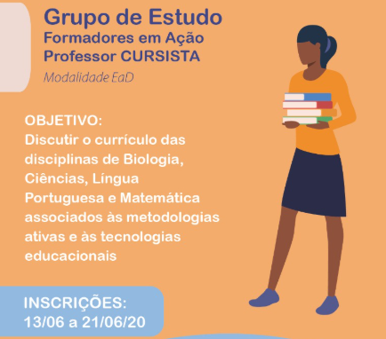 Moça morena em pé segurando livros. Ao lado, texto informativo sobre as inscrições.