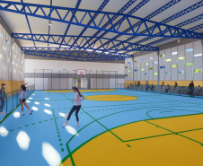 Imagem da quadra de esportes da escola. 