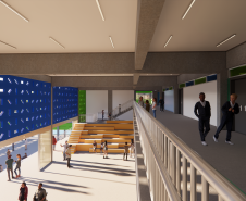 Imagem com vista do térreo e do primeiro andar da escola. 