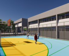 Imagem da quadra esportiva da escola. 