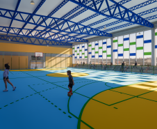 Imagem da quadra de esportes do prédio escolar. 