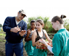 04-06-13 - Pinhais, Centro Estadual de Educação Profissional Newton Freire Maia, alunos têm aula prática de plantio, na foto o professor Edson Blun conversa com alunas.  
