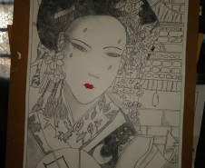 Arte produzida por alunos sobre o tema cultura japonesa, sob orientação da professora de Arte Luciana A. Tejada.