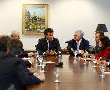 Governador Beto Richa, acompanhado pelo, Secretário da Educação, Paulo Schmidt, Secretária de Administração e Previdência, Dinorah Nogara, Secretário Chefe de Gabinete, Deonilson Roldo, Secretário de Finanças, Luiz Eduardo Sebastiani, Deputados, Professor Lemos, Valdir Rossoni e Ademar Traiano, recebe para reunião no Gabinete do Palácio Iguaçu a Diretoria do APP-Sindicato.Curitiba, 28/04/2014.
