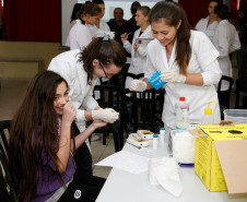 Colégio Estadual Costa Viana em São José dos Pinhais, coleta de dados dos alunos em parceria com a PUC e UFPR para catalogar estudantes com restrições alimentares causadas por doença celíaca, diabetes e intolerância à lactose, na foto a aluna Hemely Kelin Furtado. 06-02-15.