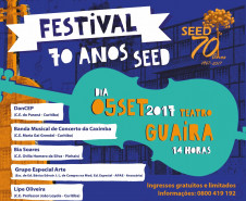 Estudantes da rede pública estadual de ensino e unidades conveniadas mostram seus talentos na dança, música e artes durante comemoração marcada para o dia 5 de setembro, no Teatro Guaíra, em Curitiba. A iniciativa faz parte da programação dos 70 anos da Secretaria de Estado da Educação e tem como objetivo valorizar e divulgar os talentos dos jovens alunos da rede paranaense.