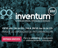 A Secretaria de Estado da Educação vai participar, no mês de outubro, da 3ª Feira de Ciência, Tecnologia e Inovação (Inventum 2017), em Pato Branco (no Sudoeste do Estado). Durante a feira também vai acontecer o festival Campus Weekend Pato Branco, promovida pelo Instituto Campus Party. Os dois eventos vão reunir alunos e pesquisadores de diferentes países com palestras, exposições e desafios científicos.