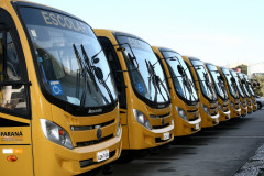 O governador Beto Richa entregou, na manhã desta terça-feira (23), 20 novos ônibus escolares que irão transportar 5.770 estudantes de 20 municípios do Estado. Cada veículo tem capacidade 31 passageiros sentados e todos possuem plataforma elevatória para alunos que utilizam cadeiras de rodas. Ao todo, 245 mil alunos da rede estadual dependem do transporte escolar.