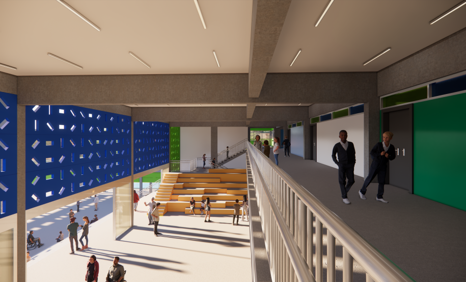 Imagem com vista do térreo e do primeiro andar da escola.