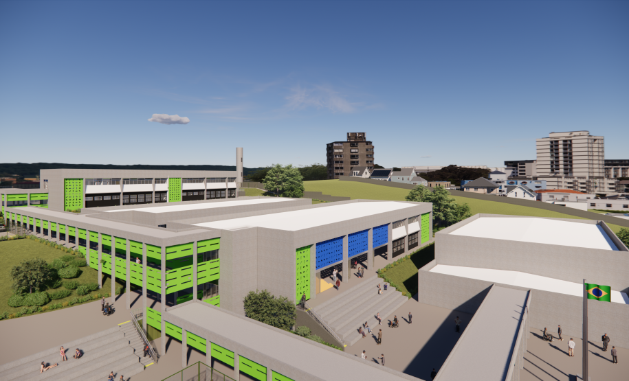 Imagem aérea do prédio escolar.