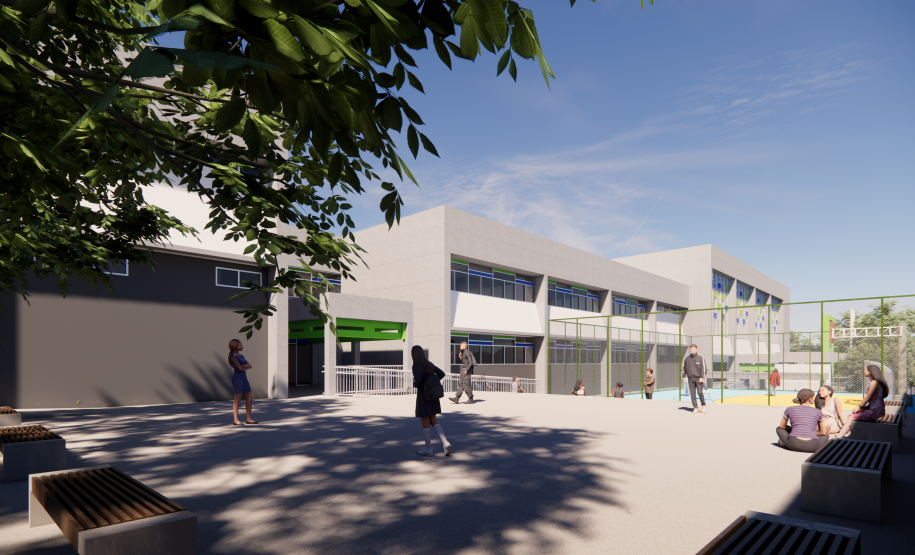 Imagem do pátio externo do prédio escolar.