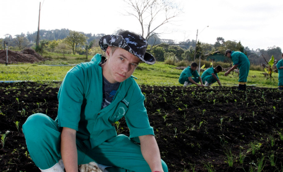 04-06-13 - Pinhais, Centro Estadual de Educação Profissional Newton Freire Maia, alunos tem aula prática de plantio, na foto Fernando Tiago Grebogi de 15 anos do primeiro ano.