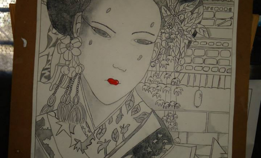 Arte produzida por alunos sobre o tema cultura japonesa, sob orientação da professora de Arte Luciana A. Tejada.