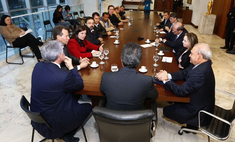 Governador Beto Richa, acompanhado pelo, Secretário da Educação, Paulo Schmidt, Secretária de Administração e Previdência, Dinorah Nogara, Secretário Chefe de Gabinete, Deonilson Roldo, Secretário de Finanças, Luiz Eduardo Sebastiani, Deputados, Professor Lemos, Valdir Rossoni e Ademar Traiano, recebe para reunião no Gabinete do Palácio Iguaçu a Diretoria do APP-Sindicato.Curitiba, 28/04/2014.