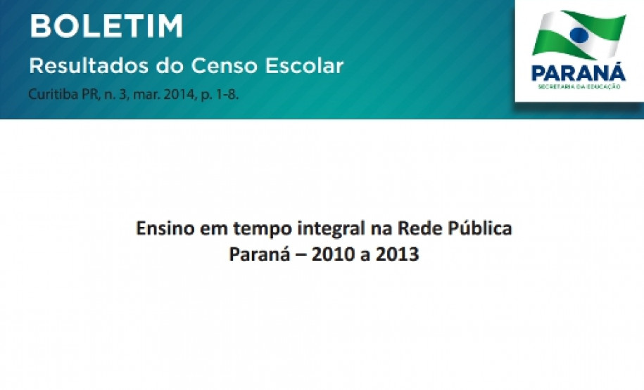 Está disponível o terceiro Boletim Resultados do Censo Escolar, com o tema “Ensino em tempo integral na Rede Pública - Paraná – 2010 a 2013”.