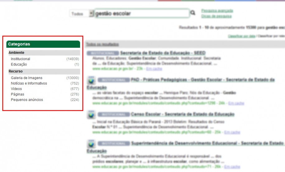 Caso apareçam resultados demais, você pode simplificar a sua busca clicando em uma das categorias na coluna esquerda