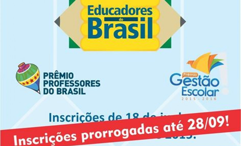 As inscrições da Iniciativa Educadores do Brasil, que terminariam nesta segunda-feira (14), foram prorrogadas até o dia 28 de setembro tanto para o Prêmio Gestão Escolar quanto para o Prêmio Professores do Brasil