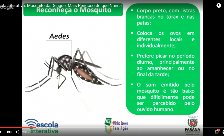 Com o tema “Mosquito da Dengue: Mais Perigoso do que Nunca”, a Escola Interativa abordou a caracterização e identificação do mosquito, seu ciclo de vida e as medidas de prevenção e combate do inseto. Assista à Escola Interativa: http://www.gestaoescolar.diaadia.pr.gov.br/modules/conteudo/conteudo.php?conteudo=1605
