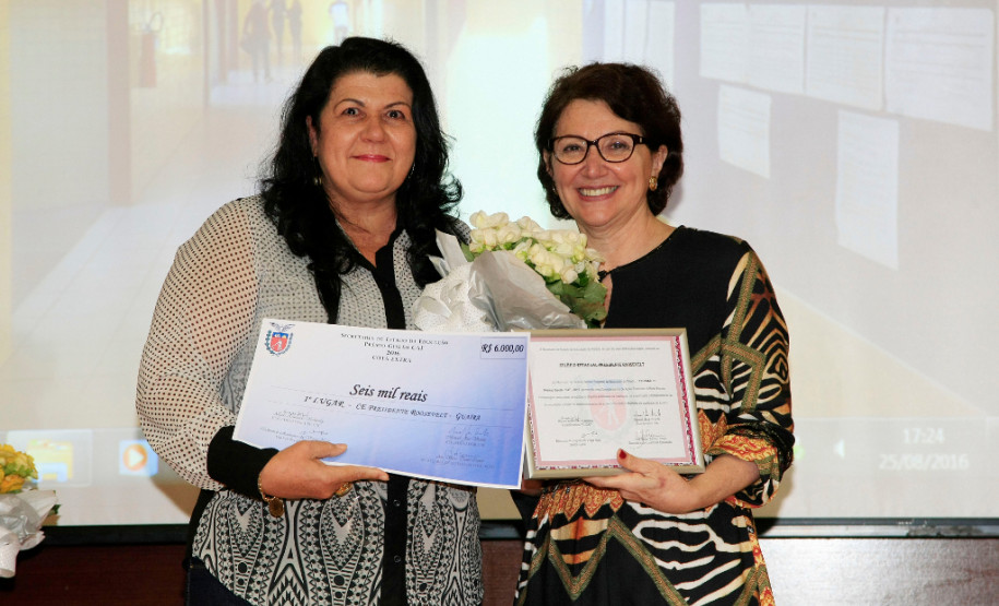 O primeiro lugar ficou com o Colégio Estadual Presidente Roosevelt. A diretora da unidade, Solange Pastio Guerine, lembrou que o prêmio é resultado da participação coletiva na administração da escola. “A prestação de contas e a gestão têm que ser transparentes sempre. Uma boa gestão se faz com o coletivo e hoje só tenho a agradecer aos funcionários, professores, alunos e pais”, disse Solange.