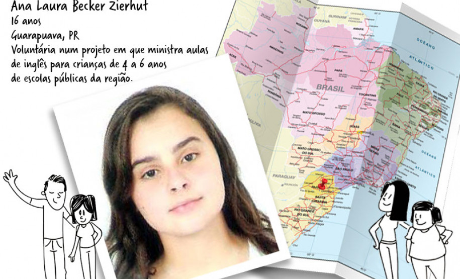 Ana Laura, do 2° ano do ensino, dá aulas de inglês para alunos das séries iniciais do ensino fundamental nas escolas municipais da sua cidade uma vez por semana há dois anos e meio