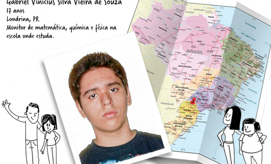 Gabriel, do 3° ano do ensino médio, reserva de duas a três horas por semana para ajudar os colegas do 1° ano do ensino médio que possuem alguma dificuldade com as matérias de matemática, química ou física