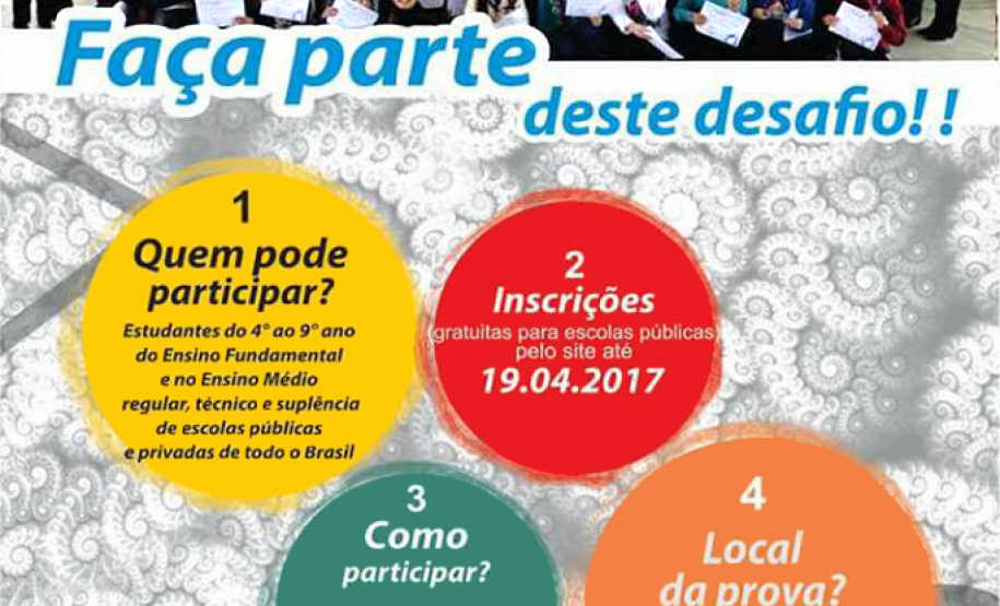 A Olimpíada Internacional Matemática Sem Fronteiras está com inscrições abertas para estudantes do ensino fundamental e médio até o dia 19 de abril. Elas são gratuitas para a rede pública e devem ser feitas pelas próprias instituições de ensino, que designam um professor como responsável pelas atividades.