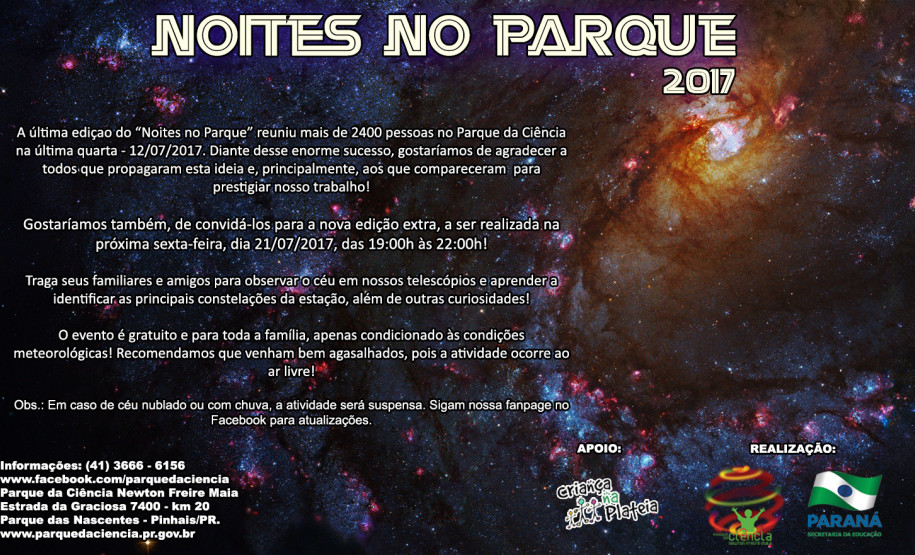 O Parque da Ciência Newton Freire Maia realiza nesta sexta-feira (21), das 19h às 22h, mais uma edição do “Noites no Parque”, iniciativa aberta gratuitamente à comunidade para observação do céu noturno.