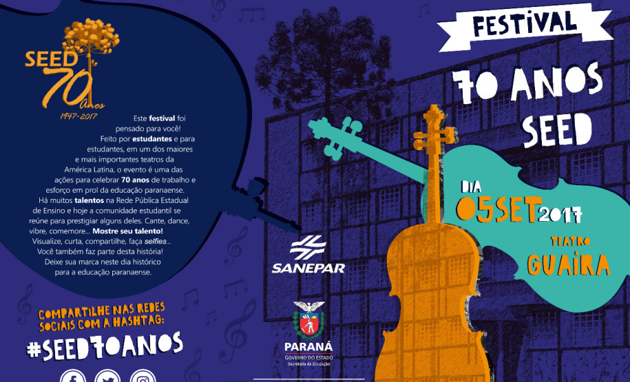 Estudantes da rede pública estadual de ensino e unidades conveniadas mostram seus talentos na dança, música e artes durante comemoração marcada para o dia 5 de setembro, no Teatro Guaíra, em Curitiba. A iniciativa faz parte da programação dos 70 anos da Secretaria de Estado da Educação e tem como objetivo valorizar e divulgar os talentos dos jovens alunos da rede paranaense.