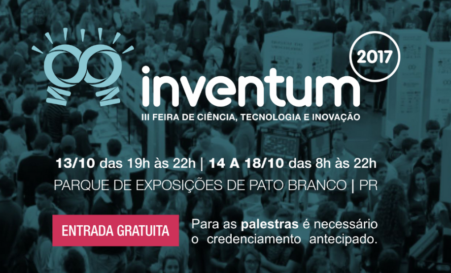 A Secretaria de Estado da Educação vai participar, no mês de outubro, da 3ª Feira de Ciência, Tecnologia e Inovação (Inventum 2017), em Pato Branco (no Sudoeste do Estado). Durante a feira também vai acontecer o festival Campus Weekend Pato Branco, promovida pelo Instituto Campus Party. Os dois eventos vão reunir alunos e pesquisadores de diferentes países com palestras, exposições e desafios científicos.