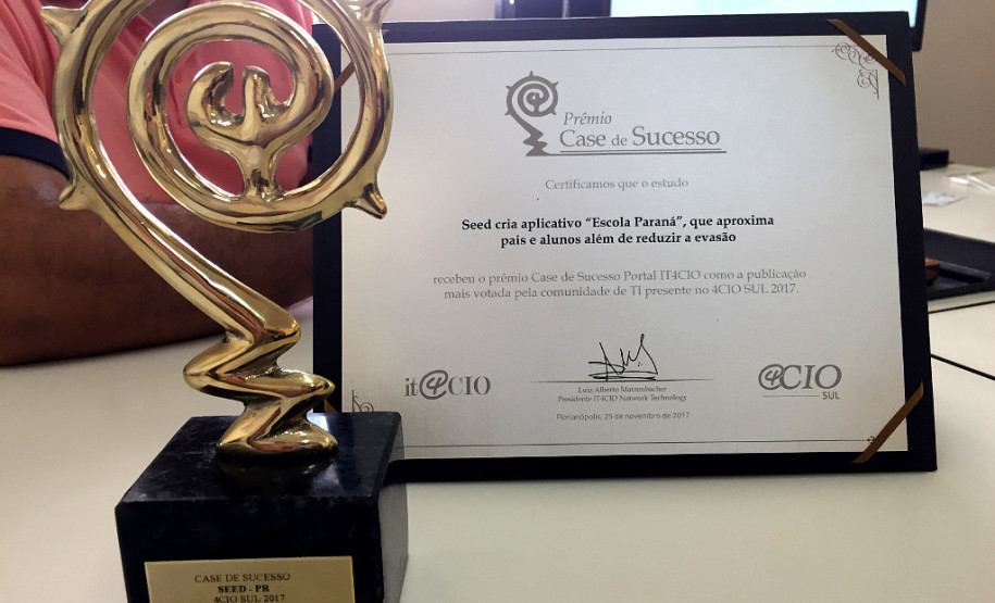 O aplicativo para smartphone Escola Paraná, desenvolvido pela Secretaria de Estado da Educação em parceria com a Companhia de Tecnologia da Informação e Comunicação do Paraná (Celepar), venceu a 11ª edição do Prêmio Case de Sucesso Portal IT4CIO. O app paranaense lançado em agosto foi o mais votado entre os cases de tecnologia da informação da iniciativa pública e privada da região Sul.