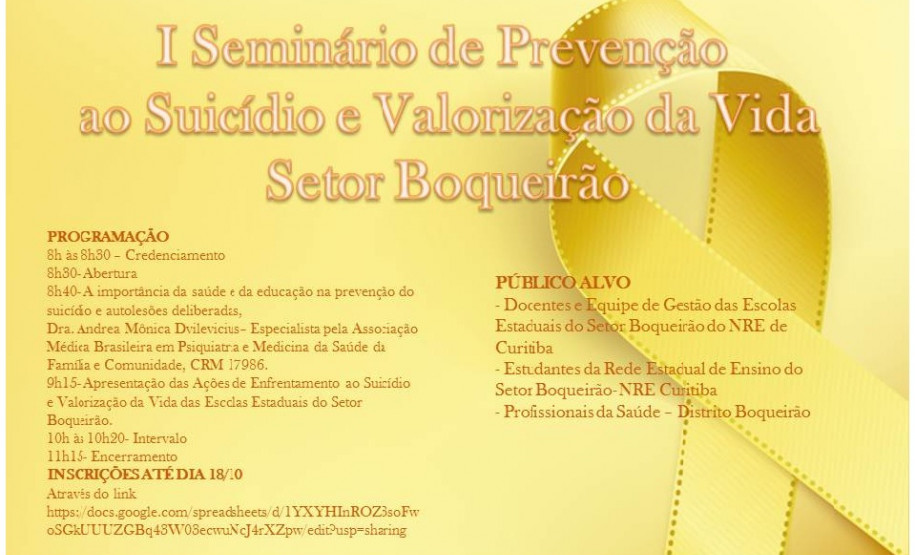 Evento é resultado das atividades desenvolvidas pelas 19 escolas atendidas pelo setor Boqueirão, em consonância com a campanha nacional Setembro Amarelo de prevenção e combate ao suicídio. Será realizado no Centro Estadual de Educação Profissional de Curitiba, no bairro Boqueirão, no período da manhã.