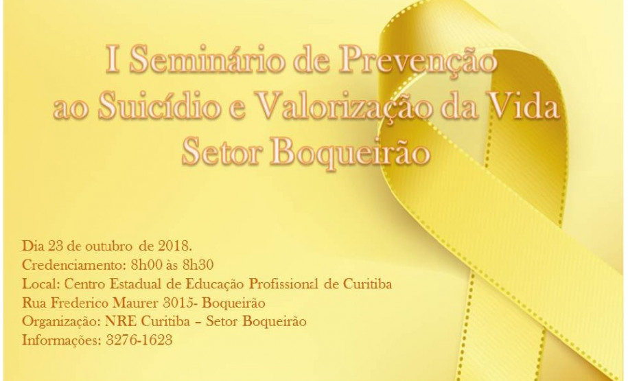 Evento é resultado das atividades desenvolvidas pelas 19 escolas atendidas pelo setor Boqueirão, em consonância com a campanha nacional Setembro Amarelo de prevenção e combate ao suicídio. Será realizado no Centro Estadual de Educação Profissional de Curitiba, no bairro Boqueirão, no período da manhã.