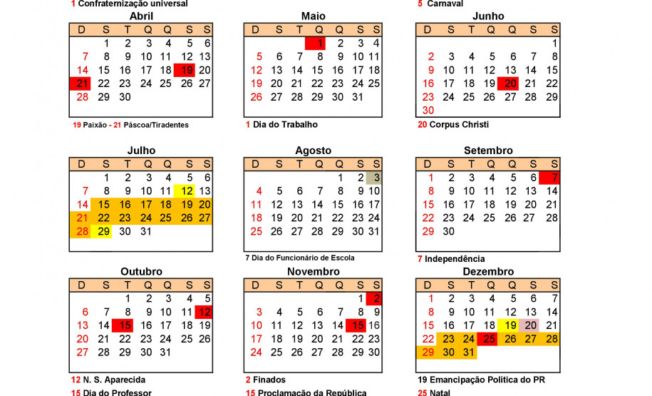 O ano letivo de 2019 começa no dia 14 de fevereiro para um milhão de alunos matriculados na rede estadual de ensino do Paraná. Os 100 mil profissionais das escolas retornam um pouco antes, para participar da Semana Pedagógica nos dias 7, 8, 11 e 12 de fevereiro. Estão previstos ao longo do ano dois dias de planejamento e outros dois de formação para todos os servidores da Educação.