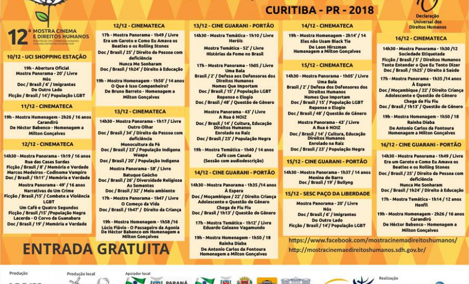 Exibições são gratuitas e celebram 70 anos da Declaração Universal dos Direitos Humanos e 30 anos da Constituição da República Federativa do Brasil.