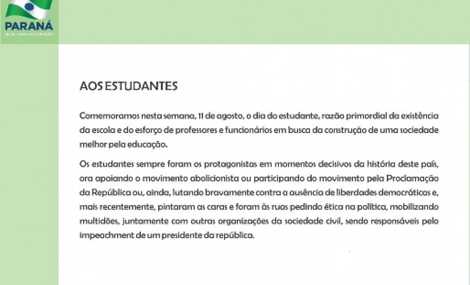 Mensagem da Secretaria para o Dia do Estudante