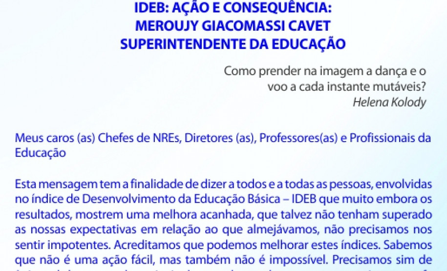 Mensagem da superintendente da Educação sobre o IDEB