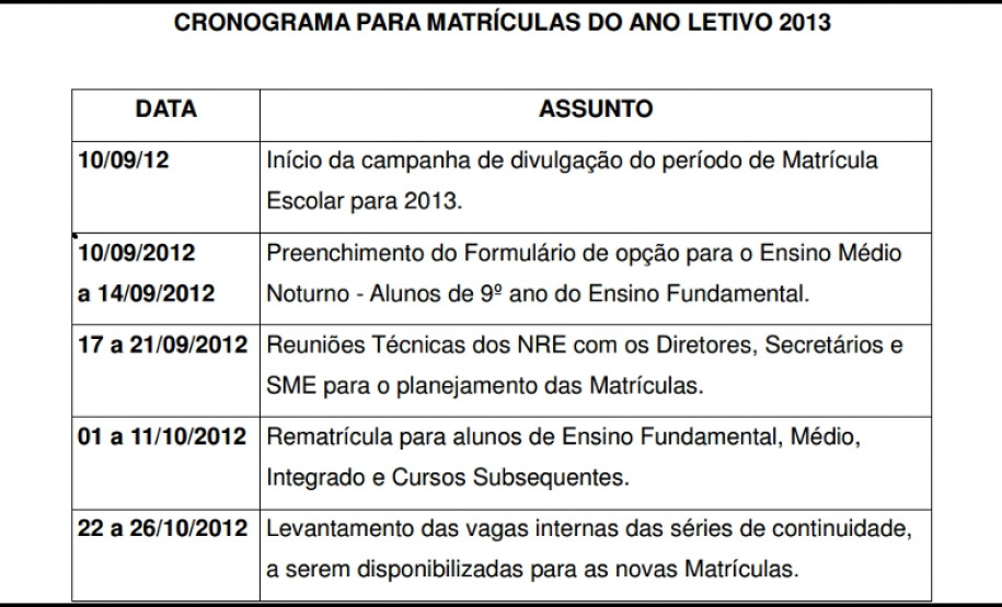 SEED divulga cronograma de matrículas para 2013